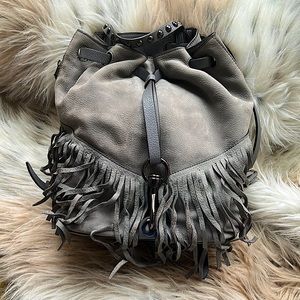 Rebecca Minkoff Gray Fringe Drawstring Backpack